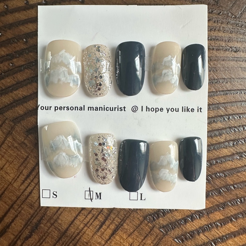 Elegant Navy and Cream Press-On Nails